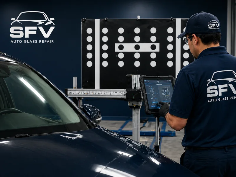 Two SFV Auto Glass technicians installing a windshield on a commercial box truck