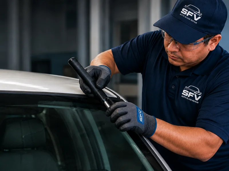 SFV Auto Glass technician inspecting a side window after install